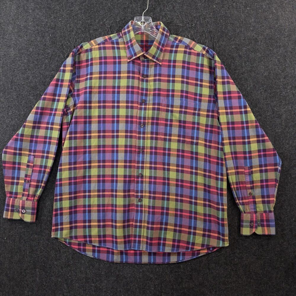 Alan Flusser Shirt Men's Large Colorful Plaid Cotton Twill Pocket Casual